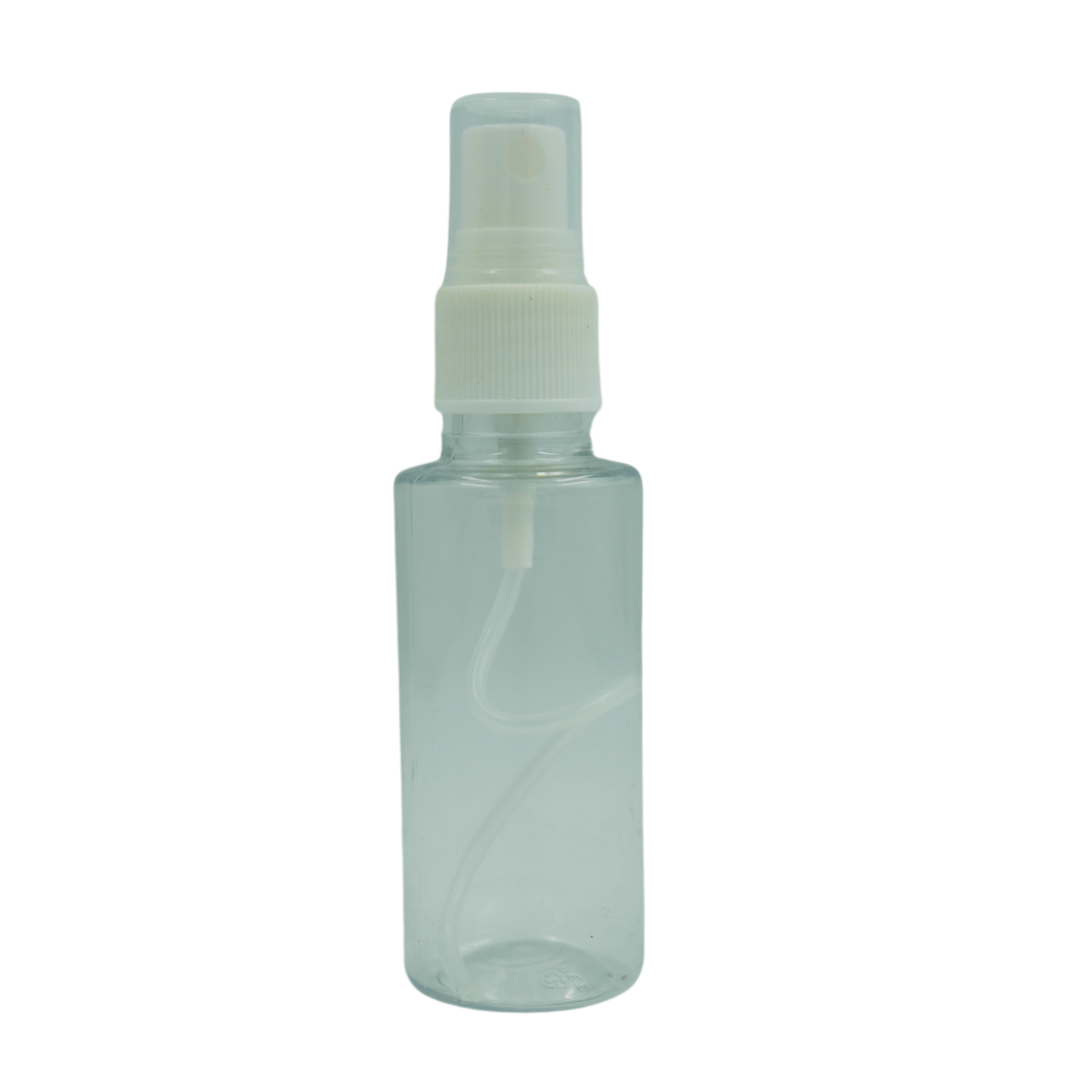 A small, transparent plastic mini spray bottle with a white pump and cap, ideal for travel or small plant misting, against a white background.