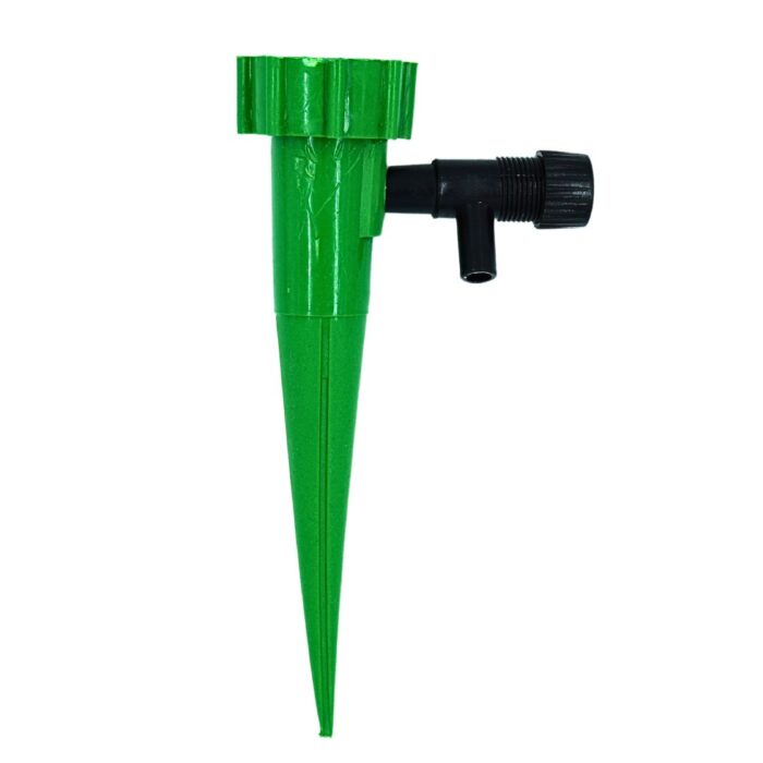 watering spikes for plants with a black connector. The spike has a pointed end for easy insertion into the soil and a reservoir to hold water. The connector allows it to be attached to a water source for automatic watering.